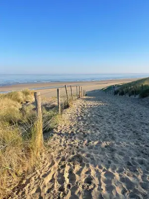 a sandy beach with a fence and the ocean at Wendy's Tiny Beachhouse in Noordwijk