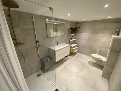 a bathroom with a shower and a sink and a toilet at Studio Alexander with private indoor parking in Zandvoort