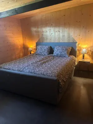 a bedroom with a large bed with a wooden wall at Onder de hanebalken in Dirkshorn