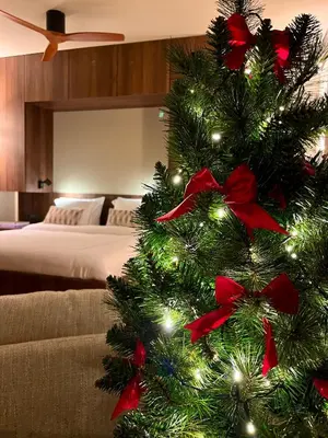 a christmas tree in a bedroom with a bed at Boutique Studio VO38 in Alkmaar