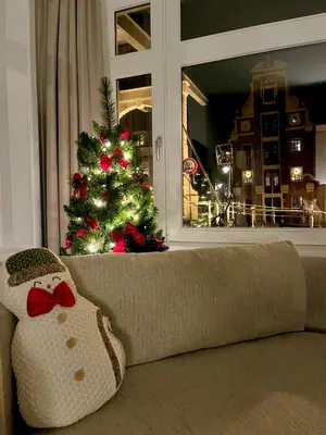 a christmas tree in a living room with a couch at Boutique Studio VO38 in Alkmaar