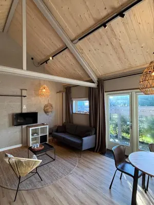 a living room with a couch and a table at Saltéa Beach House Noordwijk in Noordwijk aan Zee