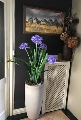 a white vase with purple flowers on a table at Agapanthus bed and breakfast in Hoogkarspel
