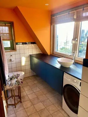 a bathroom with a sink and a washing machine at House next to Amsterdam in Landsmeer