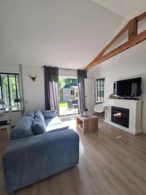 a living room with a blue couch and a fireplace at Rekerlanden 133 in Warmenhuizen