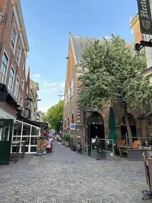 a cobblestone street in a city with buildings at The Blue House in Alkmaar