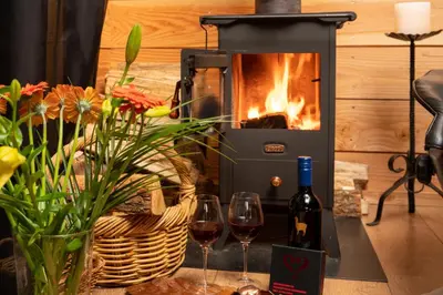 a fireplace with two glasses of wine and two wine bottles at Temple of Hedon Wellness Spa and Sleep in Ankeveen