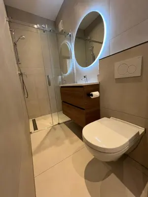 a bathroom with a toilet and a shower and a mirror at The Dune house, Free parking in Zandvoort