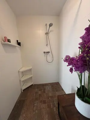 a bathroom with a shower with purple flowers and a table at Casa Luz & Luna in Akersloot