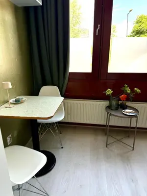 a room with a table and two chairs and a window at Cosy Studio, with outdoor swimming in Amsterdam