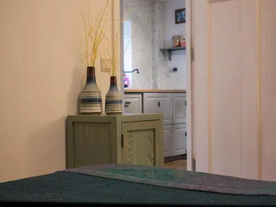 two vases sitting on a table in a kitchen at Garden Apartment, Amsterdam in Amsterdam