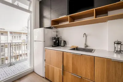 a kitchen with a sink and a refrigerator at Light and quiet haven next to park in Amsterdam