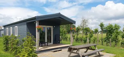 a small shed with a picnic table and a bench at Recreatie aan de Vecht, chalet 3, genieten van de rust en ruimte en toch dichtbij de stad in Weesp