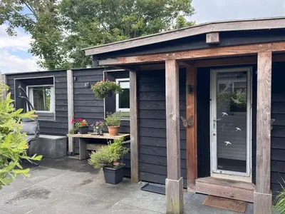 a black shed with a table and potted plants at Vlinderzicht in Koedijk