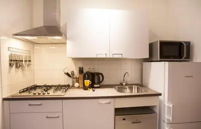 a kitchen with white cabinets and a sink and a refrigerator at Apartment 4G in Amersfoort