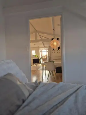 a bedroom with a bed and a view of a living room at Appartement Zijlweg in Haarlem