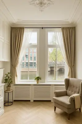 a living room with a chair and two windows at Canal House The Manor in Amsterdam