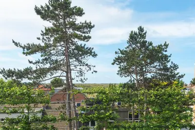 two pine trees in front of a building at De Schelp 66, Free parking in Zandvoort