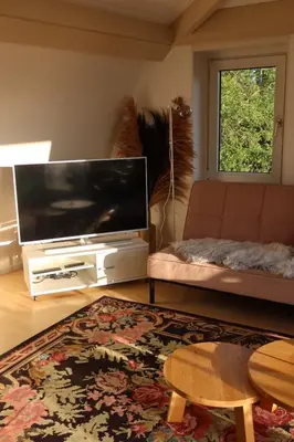 a living room with a flat screen tv and a couch at Viva la Vida in Bergen