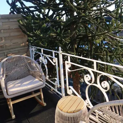 a white railing with a chair and a tree at Viva la Vida in Bergen
