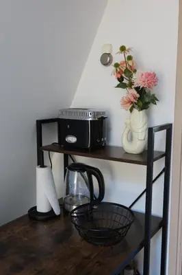 a shelf with a radio and a vase with flowers at Viva la Vida in Bergen
