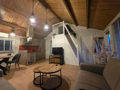 a living room with a couch and a table at leuke gezellige blokhut in Vijfhuizen