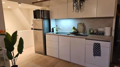 a kitchen with white cabinets and a refrigerator at Amsterdam ZaanseSchans House in Krommenie