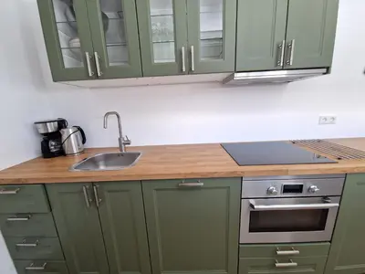a kitchen with green cabinets and a sink at B&Boerderij De Veldmuis in Eemdijk