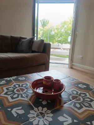 a tray with two cups on a table in a living room at Mediterranean apartment with home theater in Bodegraven