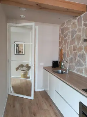 a kitchen with a sink and a stone wall at Mediterranean apartment with home theater in Bodegraven