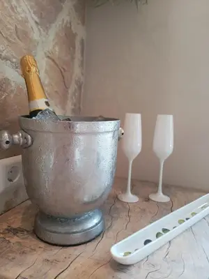 a champagne bottle in a bucket on a table at Mediterranean apartment with home theater in Bodegraven