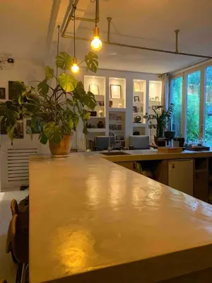 a kitchen with a large table with a potted plant at B&B Loft 57 in Amsterdam