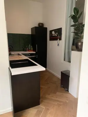 a kitchen with a black refrigerator and a counter at Luxury apartment in the pijp near the Rai in Amsterdam