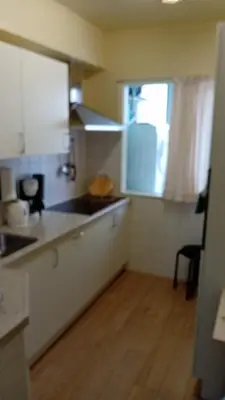 a small kitchen with a sink and a window at classic beach home in Zandvoort
