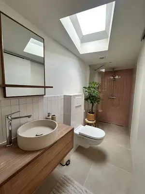 a bathroom with a sink and a toilet and a skylight at Tiny house by the beach in Noordwijk aan Zee