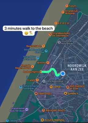 a map of minutes walk to the beach at Tiny house by the beach in Noordwijk aan Zee