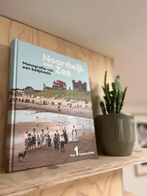 a book sitting on a shelf next to a plant at Tiny house by the beach in Noordwijk aan Zee