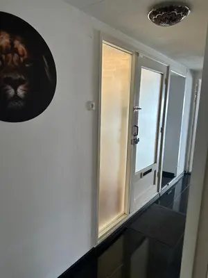 a room with a window with a lion picture on the wall at woonboot de dobber loosdrechtse plassen 4-8 personen in Loosdrecht