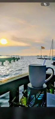 a coffee cup sitting on a table near the water at Woonboot De Witte loosdrechtse plassen in Loosdrecht