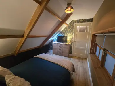 a attic room with a bed and a tv at Ossestal in Assendelft