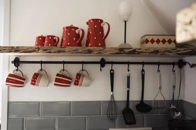 a kitchen with mugs and utensils on a shelf at Another day in paradise in Tuitjenhorn