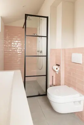 a bathroom with a shower and a toilet and a tub at Zandhuys in Zandvoort