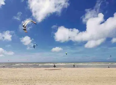 a group of people flying kites on a beach at Appartement Buissant des Amorie! in Castricum