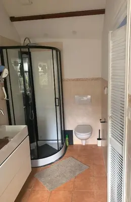 a bathroom with a shower and a toilet at Little Betsy in Zandvoort