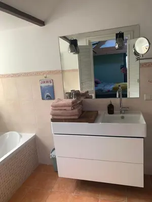 a bathroom with a sink and a tub and a mirror at Little Betsy in Zandvoort