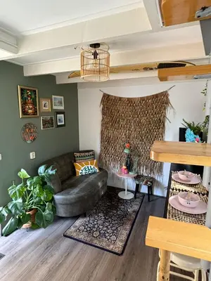 a living room with a couch and a table at Tiny House - Surfers Paradise in Noordwijk