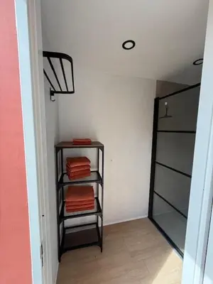 a room with a closet with towels on a shelf at 't Hoevehuisje in Beverwijk