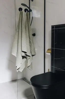 a bathroom with towels hanging on a wall next to a toilet at Guesthouse de Leeuwerik in Haastrecht