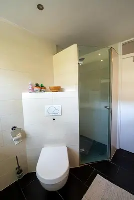 a bathroom with a toilet and a glass shower at Huize Zonnebloem in Beverwijk