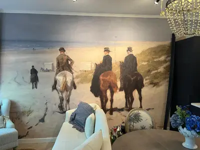 a painting of three men on horses in a living room at Strandrit in Groet